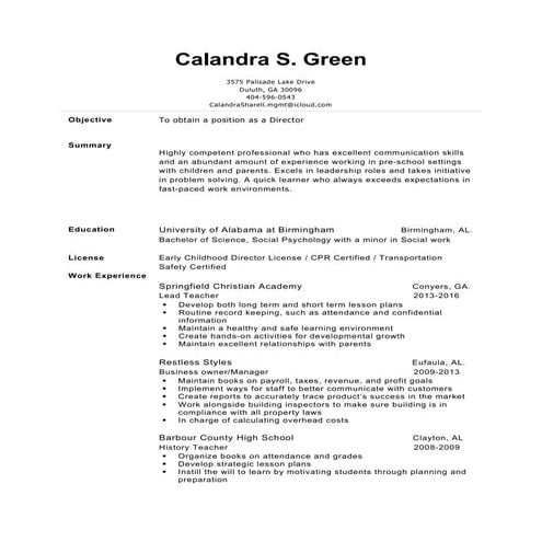 Calandra Director Resume