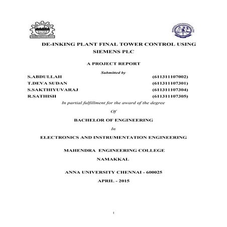 De-Inking Plant Final Tower Control using SIEMENS PLC(report