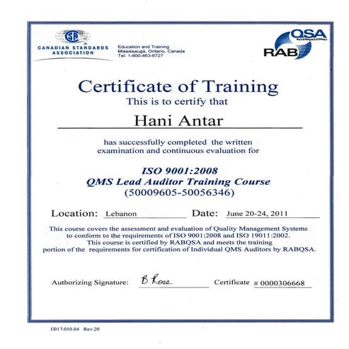 CSA-Lead Auditor Certificate (ISO9001-2008)