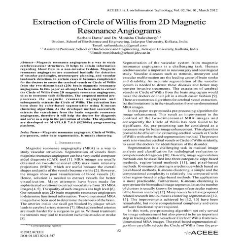 Extraction of Circle of Willis from 2D Magnetic Resonance Angiograms