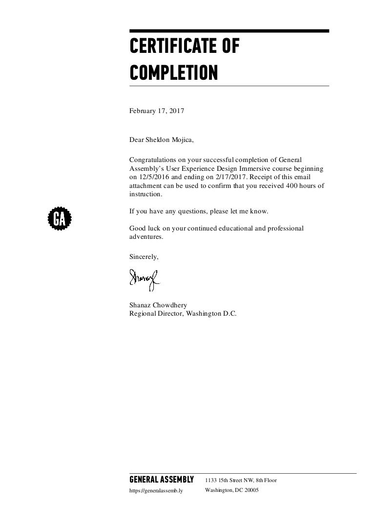 General Assembly Certificate Of Completion General Assembly Certificate Of Completion