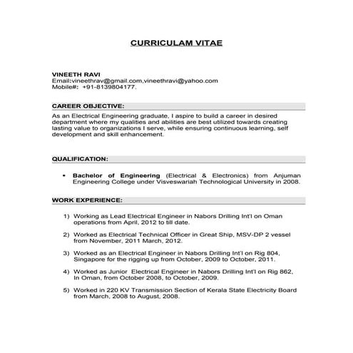 Resume- Electrical Engineer-project descripition