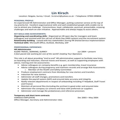 Lin Kirsch CV May 2015