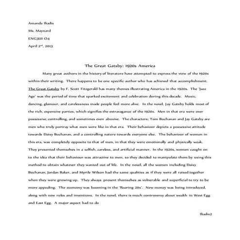Gatsby in 1920s America essay (grade 11)