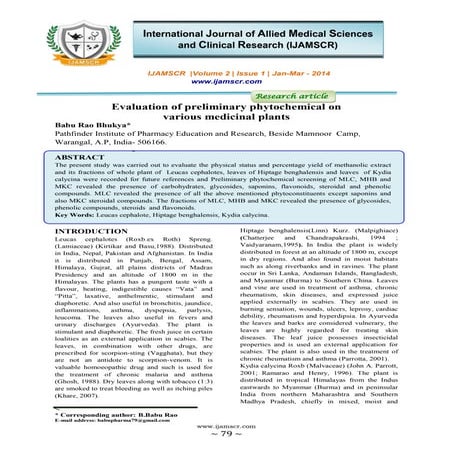 Evaluation of Preliminary phytochemical on various some medicinal plants