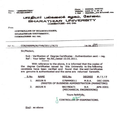 6_Genuinity Letter_Bharathiar University | PDF