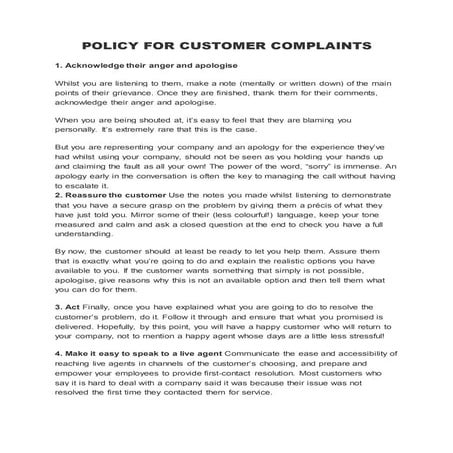 POLICY FOR CUSTOMER COMPLAINTS
