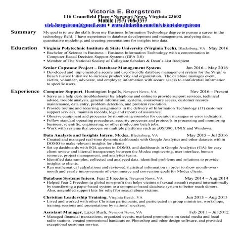 Victoria Bergstrom Resume - 28 Nov 2016