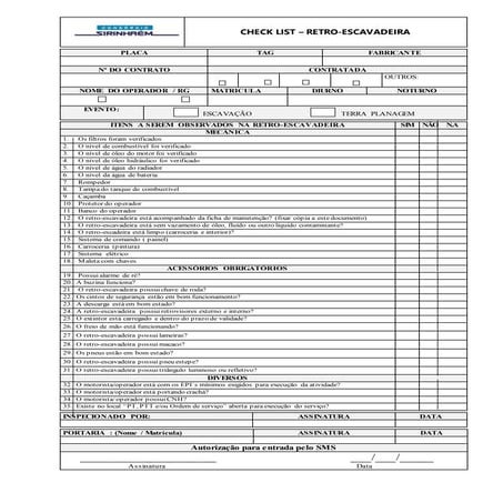 Check list retro escavadeira | PDF