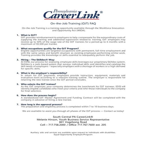 WIOA OSY OJT Quick Facts for Employers
