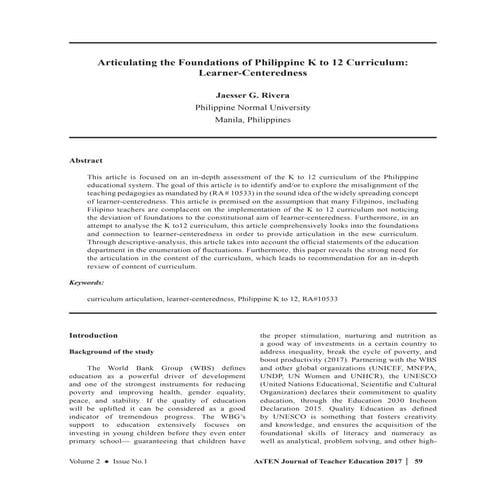 Articulating the Foundations of Philippine K to 12 Curriculum: Learner-Centeredness