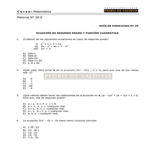 55 ejercicios ecuación 2do grado y función cuadrática