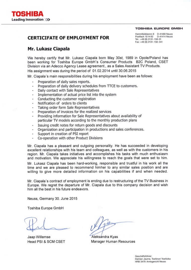 Toshiba Certificate of Employment