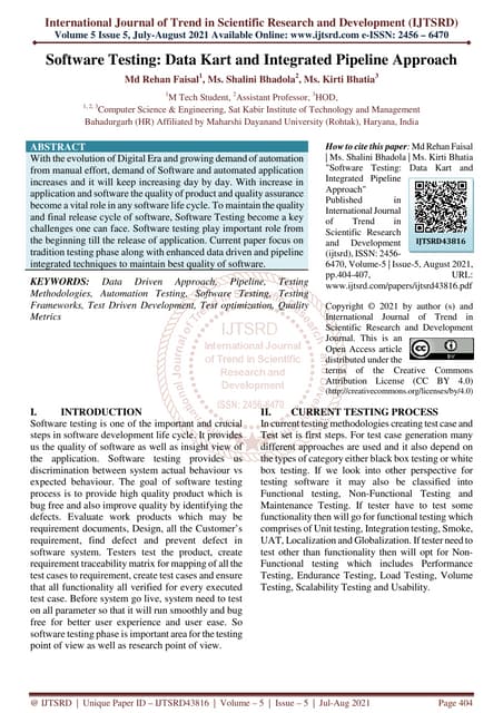 Software Testing Data Kart and Integrated Pipeline Approach