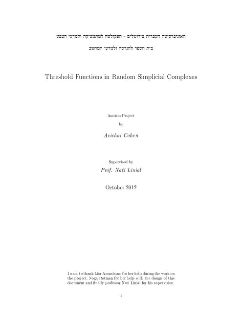 Amirim Project - Threshold Functions in Random Simplicial Complexes - Avichai...