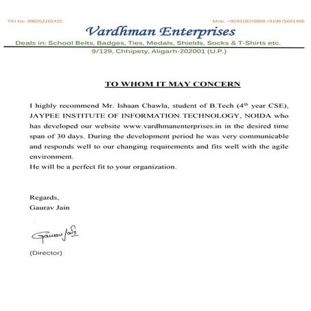 Vardhman Enterprises LOR