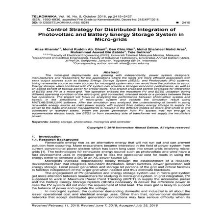 Control Strategy for Distributed Integration of Photovoltaic and Battery Ener...