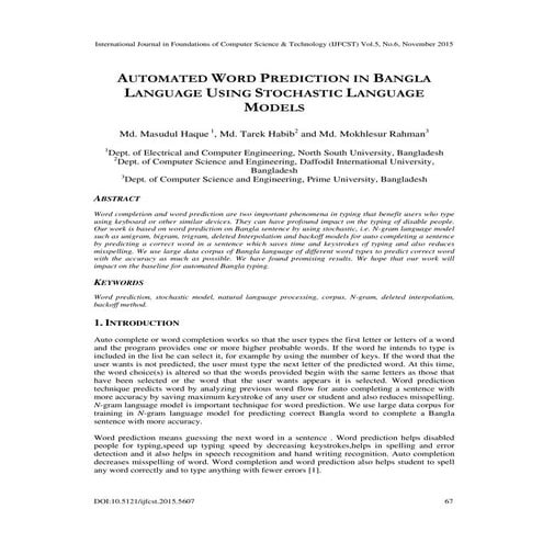 AUTOMATED WORD PREDICTION IN BANGLA LANGUAGE USING STOCHASTIC LANGUAGE MODELS