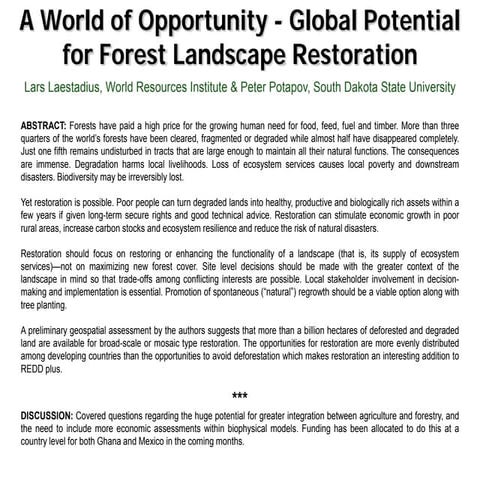 Restoration of the World's Degraded Forest Landscapes