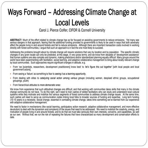 Ways Forward in Efforts to Ameliorate Climate Change Effects