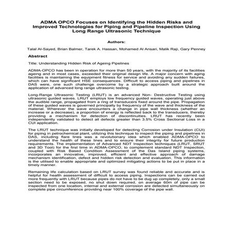 Focus on Identifying Hidden Risks and Improved Technologies for Piping and Pi...