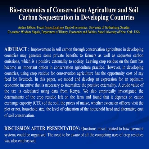 Bioeconomics of Conservation Agriculture and Soil Carbon Sequestration in Dev...
