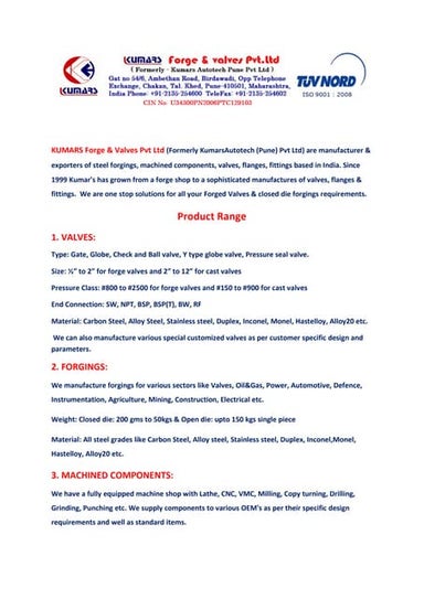 TECHNICAL DETAILS - KUMARS. Forge and valves