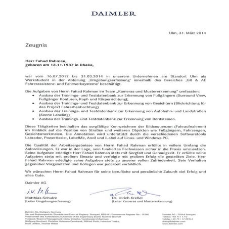 Daimler Experience Certificate