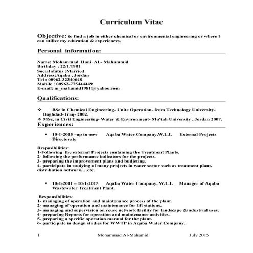 Mohammad Al-Mahamid CV -july -2015 | DOC