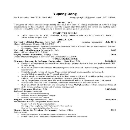 Yupeng Deng's resume