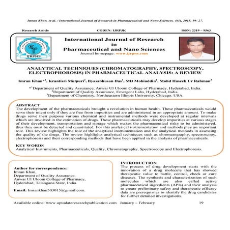 ANALYTICAL TECHNIQUES (CHROMATOGRAPHY, SPECTROSCOPY, ELECTROPHOROSIS) IN PHAR...