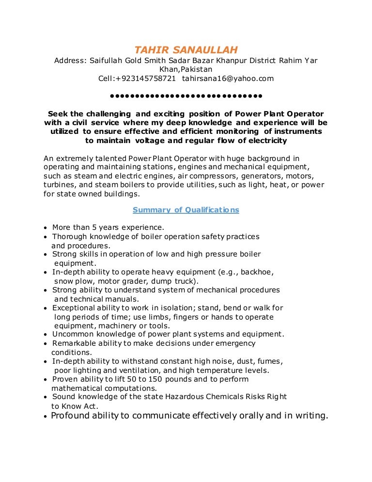 chemical plant operator resume