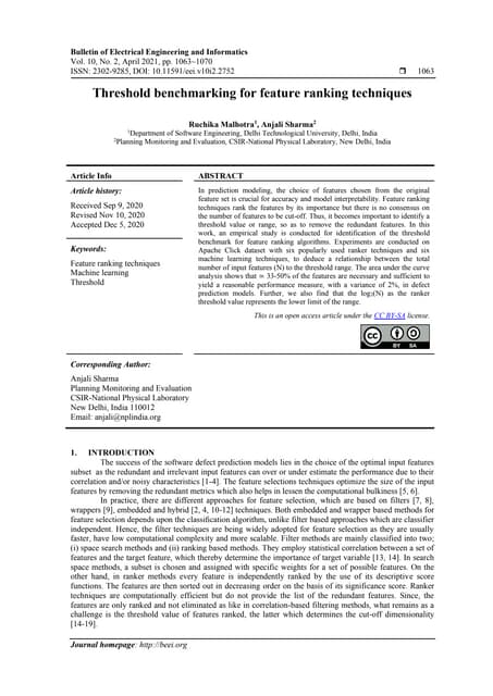 Threshold benchmarking for feature ranking techniques