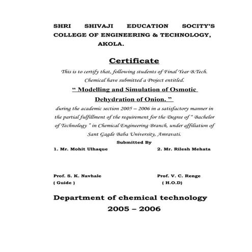 Modelling and Simulation of Osmotic Dehydration of Onion