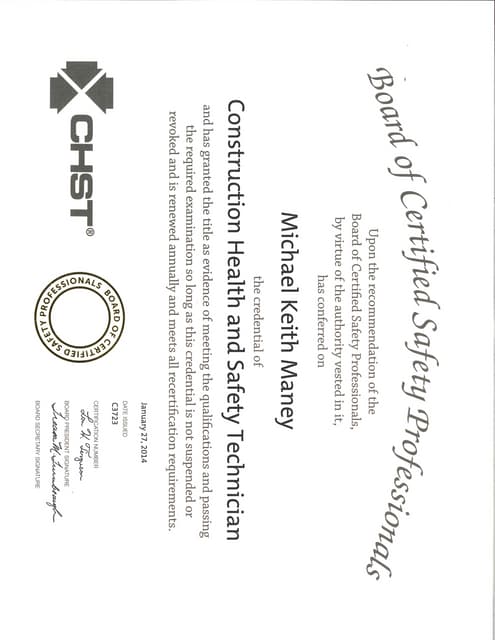 Mike Maney CHST Cert PDF Mike Maney CHST Cert PDF