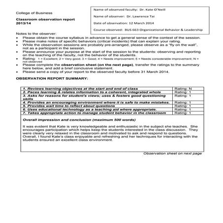 Classroom observation report visit | DOCX