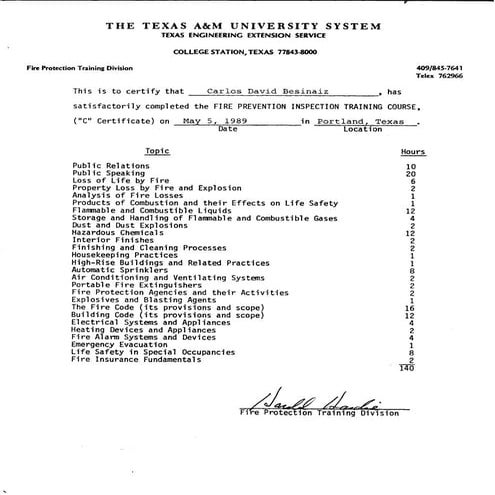 Carlos (David) Besinaiz TEEX Fire Training Certs page 3