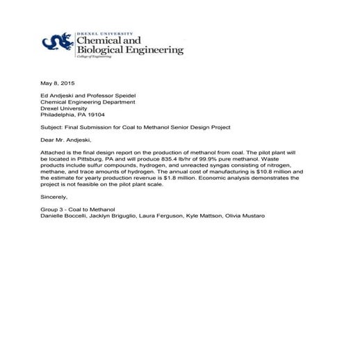 Coal to Methanol Senior Design Project Final Report
