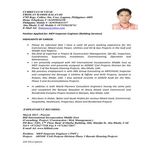 CV -  MEP Inspector Engineer  Froilan Ramos Balanao