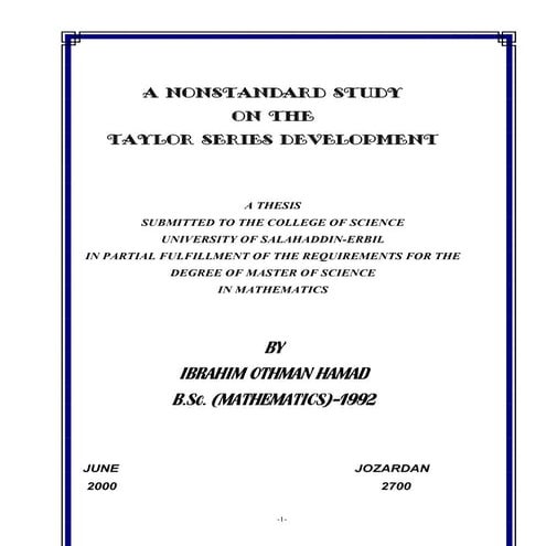 A Nonstandard Study of Taylor Ser.Dev.-Abstract+ Intro. M.Sc. Thesis