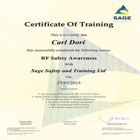 Carl Dori Certificate - RF Safety Awareness