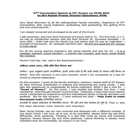 57th convocation Speech at IIT Kanpur by Shri Rajesh Prasad  on 29.06.24 2
