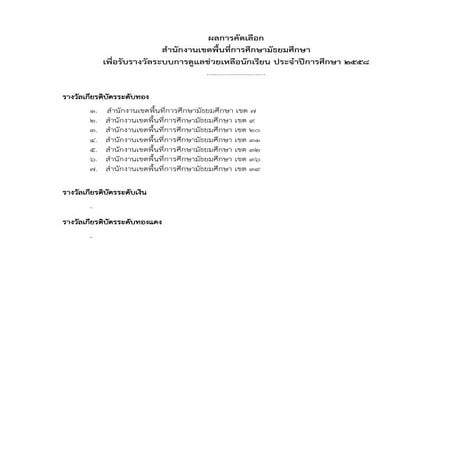 ผลการคัดเลือกสถานศึกษาเพื่อรับรางวัลระบบการดูแลช่วยเหลือนักเรียน ปี 2558