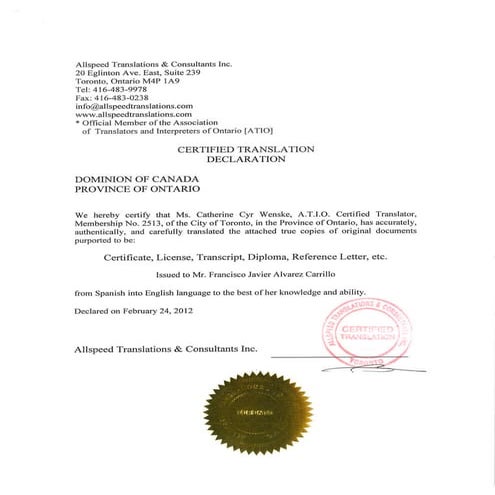 Translated Official Transcripts Spanish to English