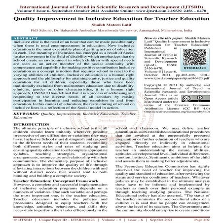 Quality Improvement in Inclusive Education for Teacher Education | PDF