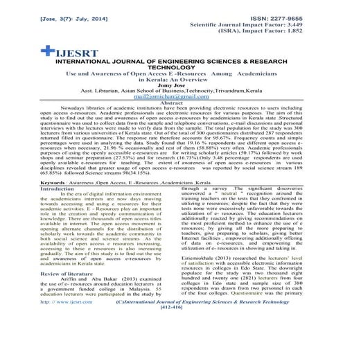 Use and Awareness of Open Access E -Resources Among Academicians  in Kerala: ...