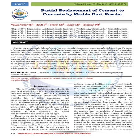 Partial Replacement of Cement to Concrete by Marble Dust Powder