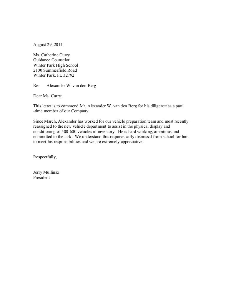 alexander van den berg jr lor 8 29 11 early dismissal letter