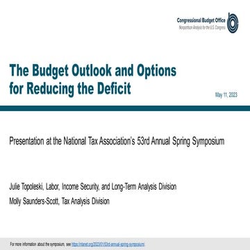 The Budget Outlook and Options for Reducing the Deficit