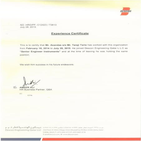 Qatar Experience Certificate.